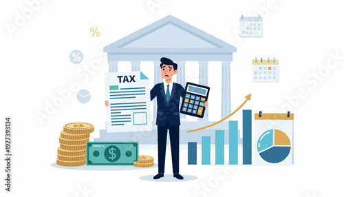 Businessman feeling stressed holding tax document and calculator with money, coins, and financial growth charts in front of a government building, representing income tax burden and debt.