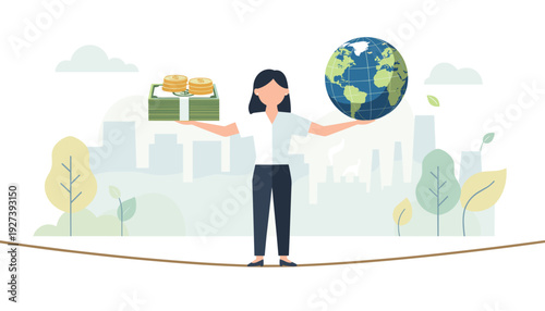 Businesswoman Balancing Money and Planet Earth on Tightrope, Concept of Environmental Sustainability, Corporate Social Responsibility, Economic Growth vs Nature Conservation, Ecology and Profit