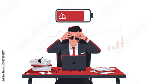 Stressed Businessman Experiencing Burnout and Low Energy at Work, Frustrated Male Office Worker with Low Battery Icon Above Head, Mental Health Problems, Exhaustion and Overwork Concept Illustration