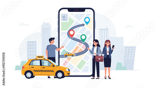 Online Taxi Booking Service and Ride Sharing Concept with People Using Mobile App on Large Smartphone Screen to Order Yellow Cab, Urban Transportation, Car Rental and Navigation Map Illustration