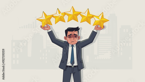 Stressed Businessman Holding Five Gold Stars, Concept of High Pressure, Perfectionism, and Burnout, Exhausted Office Worker Struggling with Quality Standards and Customer Satisfaction Expectations