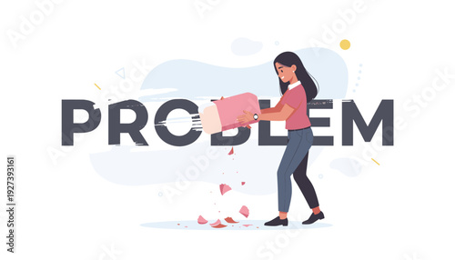 Woman Using Large Pink Eraser to Remove the Word Problem, Concept of Overcoming Challenges, Finding Solutions, Achieving Success, and Resolving Difficulties in Business or Personal Life Vector