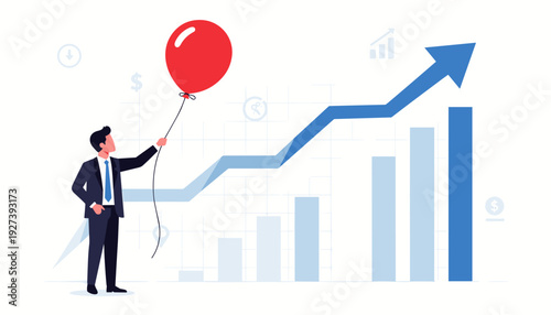 Businessman Holding a Red Balloon Standing Next to a Rising Financial Bar Chart and Upward Arrow, Concept of Business Growth, Profit Increase, Investment Success, and Economic Inflation.