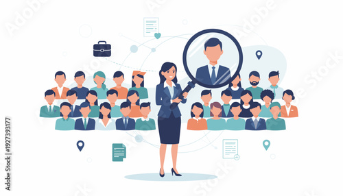 Human Resources Recruitment Concept with a Businesswoman Holding a Magnifying Glass to Find the Best Candidate for a Job Vacancy Among a Group of Diverse People, Talent Acquisition and Hiring.