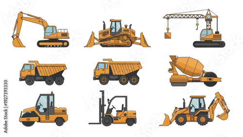 Collection of Various Heavy Construction Machinery Vehicles.