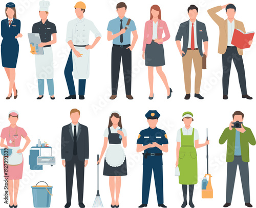 Collection of diverse professional workers in different occupations standing isolated on white background flat vector illustration