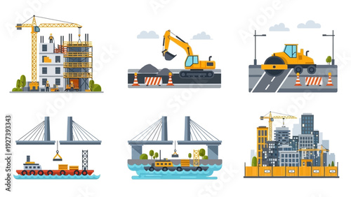 Construction Site Equipment and Building Illustrations.