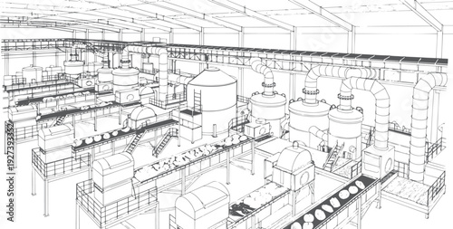 Food Manufacturing Plant Interior with Conveyor Belt System – Industrial Factory Production Line Vector Sketch, Food Processing Facility Equipment Line Art Drawing for Manufacturing Industry