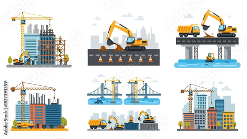 Construction Site Equipment and Buildings Illustration.