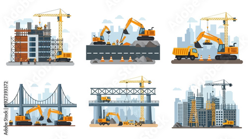 Construction Site with Heavy Machinery and Buildings.