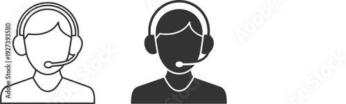 Customer support operator headset icons set, call center avatar line and solid style vector illustration isolated
