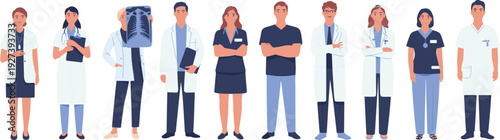 Diverse Doctors and Nurses Team Standing Together in Hospital Uniform Professional Healthcare Workers Flat Vector Illustration Set