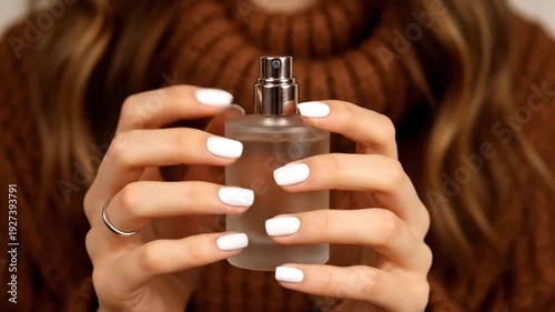 Hands Holding Frosted Glass Spray Bottle Cosmetic and Lifestyle Product Concept in 4K