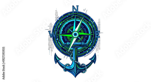 Blue Compass with Anchor Illustration Design.