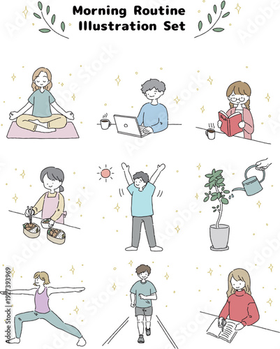 朝活　モーニングルーティンの手描きイラストセット
