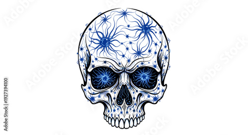 Decorative Skull with Blue Floral Patterns.