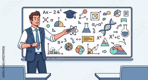 Male Teacher Explaining Mathematical Concepts on Blackboard.