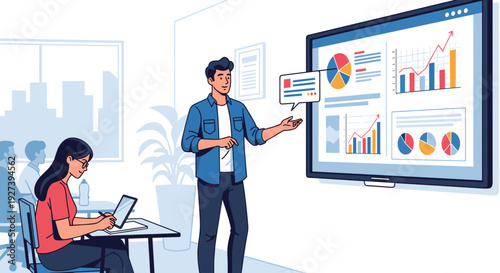 Man presenting business data on screen.