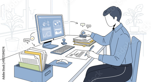 Man working at a desk with computer and paperwork.