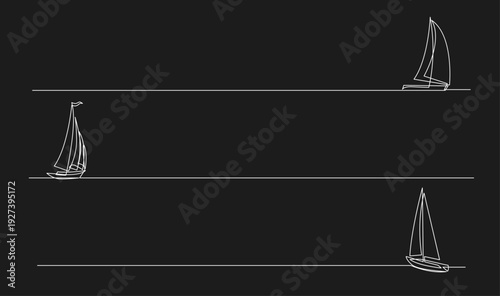 Continuous line art of three minimalist sailboats with horizon lines on a dark background.