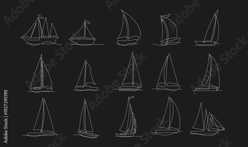 Minimalist Continuous Line Art Sailboat Collection on Black Background