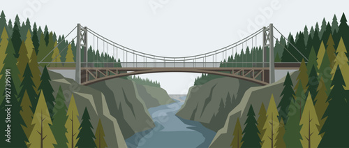Flat vector illustration of a majestic suspension bridge spanning a deep rocky gorge with a winding river below, surrounded by a dense evergreen forest of pine and fir trees in a scenic wilderness.