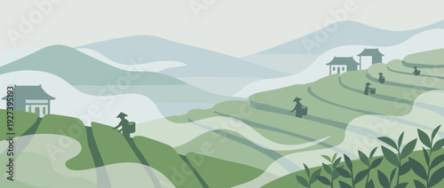 Flat vector illustration of a traditional tea plantation on misty hillsides with workers harvesting tea leaves in terraced fields, featuring mountain landscape, traditional houses, and mist.