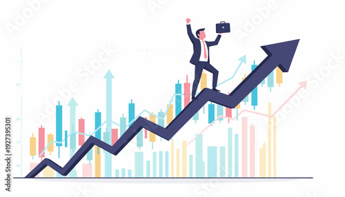 Successful Businessman Riding Upward Arrow on Financial Stock Market Chart Background, Concept of Business Growth, Investment Success, Career Ambition, Financial Profit and Economic Achievement