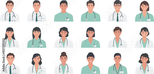 Diverse Healthcare Professionals Avatar Set Featuring Doctors and Nurses in Medical Uniform Flat Vector Illustration Collection