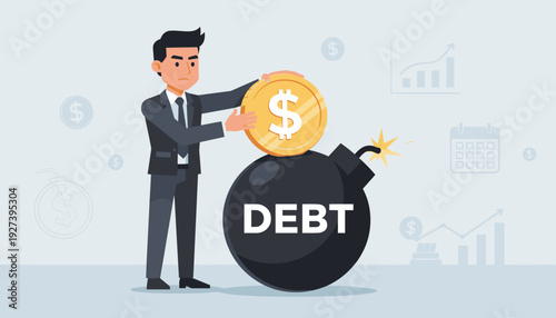 Businessman putting a gold dollar coin into a large black bomb labeled debt, representing financial responsibility, paying off loans, risk management, and economic crisis prevention concept.