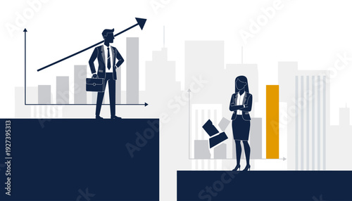 Gender Inequality in Corporate Business Concept with Businessman and Businesswoman Standing on Different Levels Separated by a Gap, Representing Career Disparity, Pay Gap, and Glass Ceiling