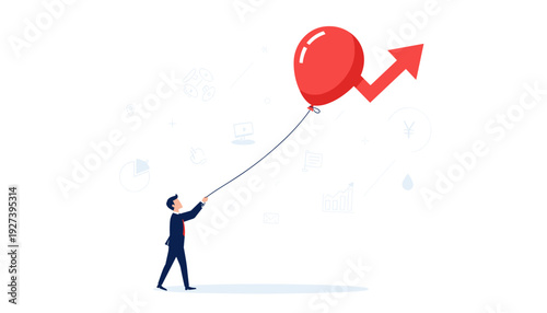 Businessman Holding a Red Balloon Shaped Like an Upward Arrow Representing Business Growth, Financial Profit Increase, Investment Success, Economic Progress, and Sales Boost Vector Illustration.
