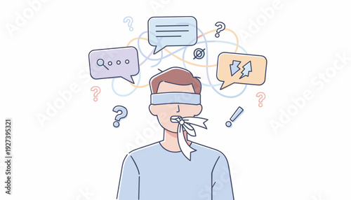 Vector Illustration of a Blindfolded Man with Mouth Tied Shut Representing Communication Problems, Misunderstanding, Censorship, Silence, and Confusion with Speech Bubbles and Question Marks.