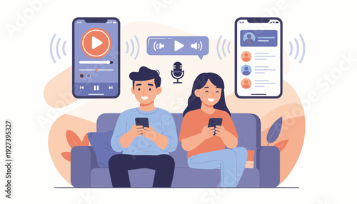 Happy man and woman sitting on a sofa using smartphones to listen to podcasts or browse audio content in a mobile app. Flat vector illustration of digital entertainment, media and technology