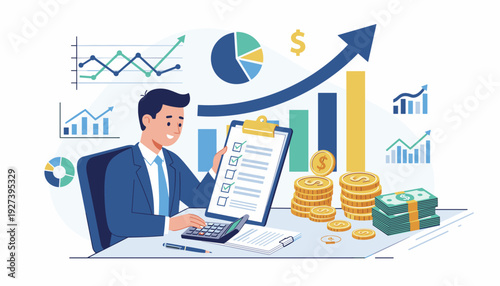 Businessman planning financial budget concept examines checklist does accounting and analyzes business statistics with charts graphs money coins and cash for investment success and growth.
