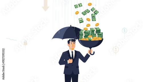 Smart Businessman Using Umbrella to Catch Falling Money and Protect from Market Downturn, Financial Success Strategy and Wealth Management Concept in Economic Crisis Illustration Vector Design