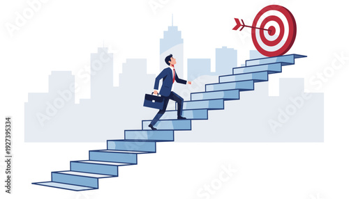 Ambitious businessman in suit climbing a long staircase towards a target bullseye with an arrow, symbolizing career growth, motivation, success, and reaching professional goals in the city.