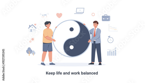 Work-Life Balance Concept with Two Men Holding a Large Yin and Yang Symbol, Representing Harmony Between Professional Career and Personal Lifestyle with Icons for Home, Travel, and Business