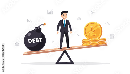 Businessman balancing a large debt bomb and gold ruble coins on a seesaw, representing financial management, debt payoff, wealth accumulation, and economic stability for a successful life.