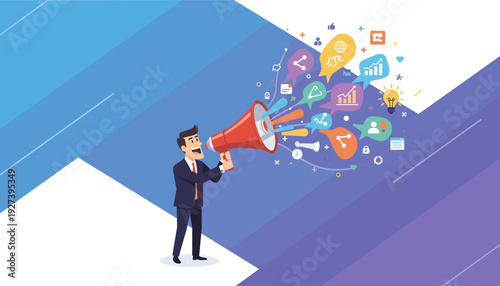 Businessman shouting into a megaphone with colorful social media and business icons, representing storytelling, digital marketing strategy, communication art, and sharing creative ideas and