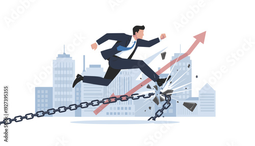 Businessman jumping to break a heavy steel chain on his foot, symbolizing freedom, breaking limits, and overcoming obstacles for success, career growth, and liberation in a corporate city.