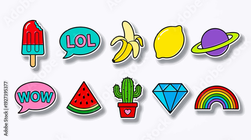 Vibrant Pop Art Style Sticker Collection: Fun Cartoon Elements with Retro 80s 90s Aesthetic