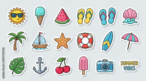 Cute Summer Vacation & Beach Holiday Stickers Set. Cartoon Icons of Sun, Ice Cream, Flip Flops, Palm Tree, Sailboat & Travel Elements.