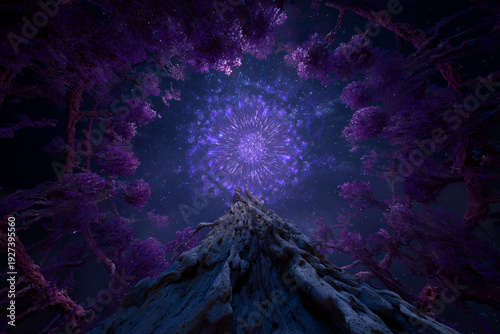 Low angle view of a mystical glowing purple nebula flower centered between dark silhouetted trees against a starry night.