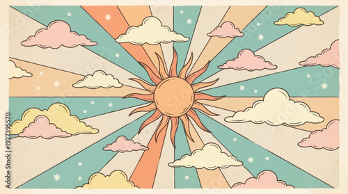 Retro Psychedelic Sun and Clouds Illustration with Groovy Sunburst Rays