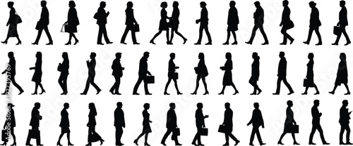 Black silhouette vector illustration of diverse people walking in urban settings carrying bags, purses, briefcases, showcasing everyday movement