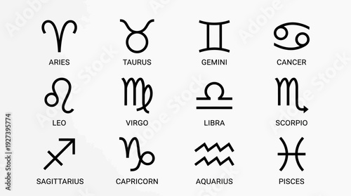 Zodiac Signs Set: Astrological Symbols & Horoscope Icons for All 12 Star Signs (Aries to Pisces)
