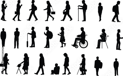 Silhouette vector illustration of diverse people walking, standing, sitting, using cane or wheelchair, carrying bags, grilling, everyday lifestyle activities.