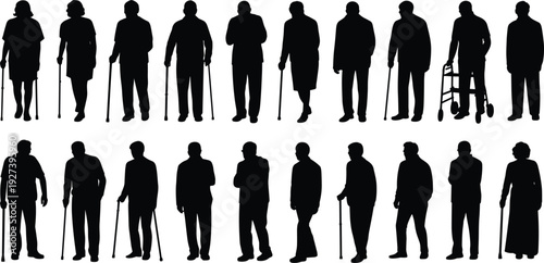 Silhouette vector illustration of elderly people walking with canes and walkers, aging lifestyle, mobility support, healthcare, community, senior design concept.