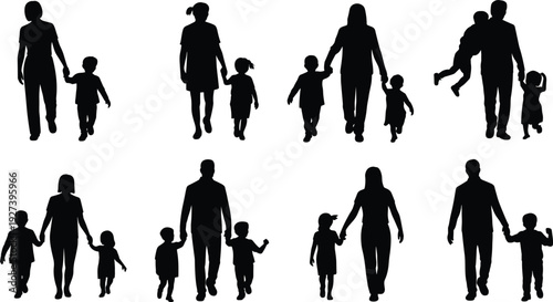 Silhouette vector illustration of families walking together, adults and children in groups, parenting, guardianship, lifestyle, community, relationship design.